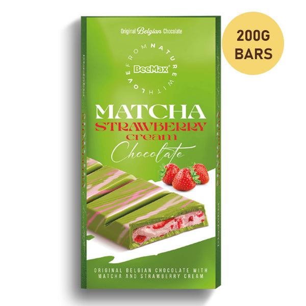 Beemax Matcha Flavoured Belgian Chocolate with Strawberry Cheesecake (1x200g Bar)