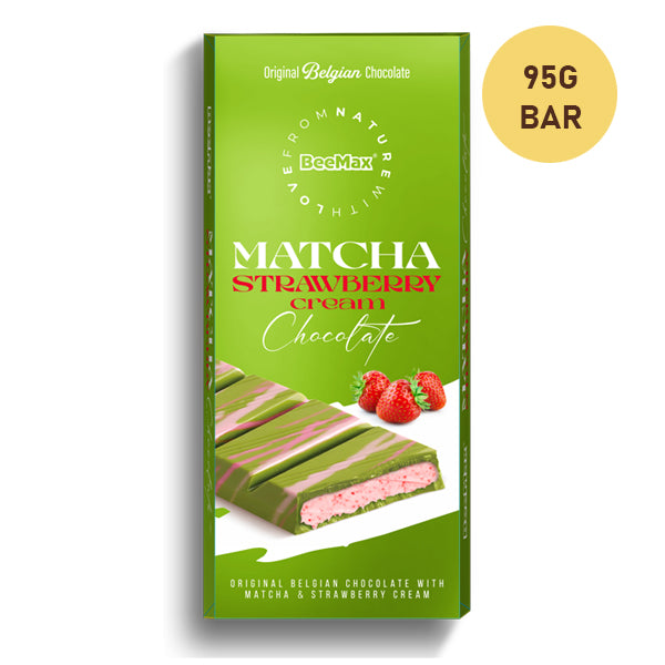 Beemax Matcha Flavoured Belgian Chocolate with Strawberry Cheesecake (95g Bar)